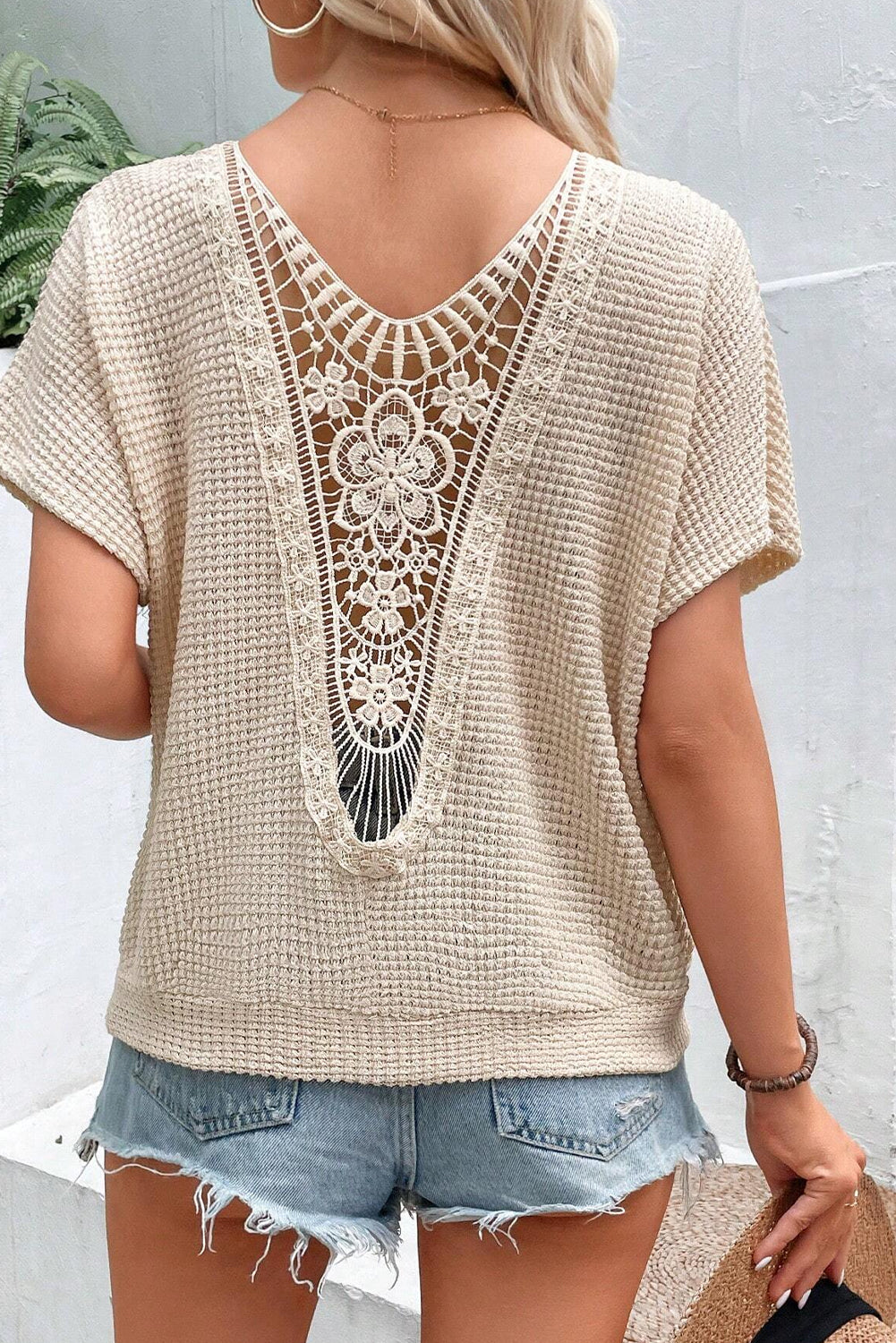 Oatmeal Lace Back Waffle Tee