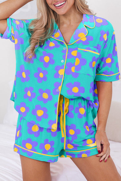 Flower Print Shirt and Drawstring Waist Pajama Set