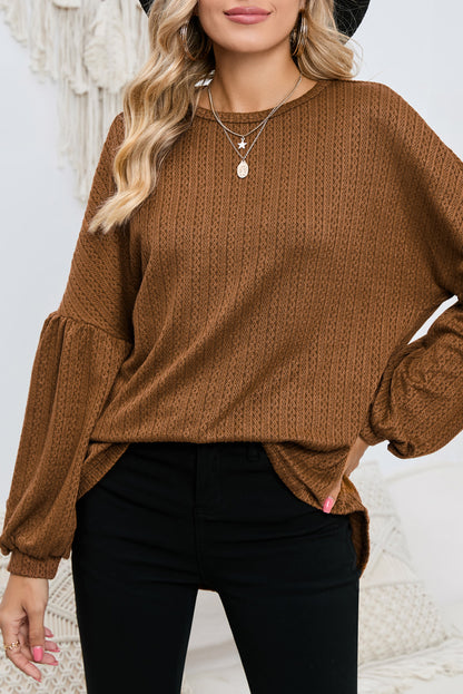 Brown Solid Color Textured Pullover Casual Top