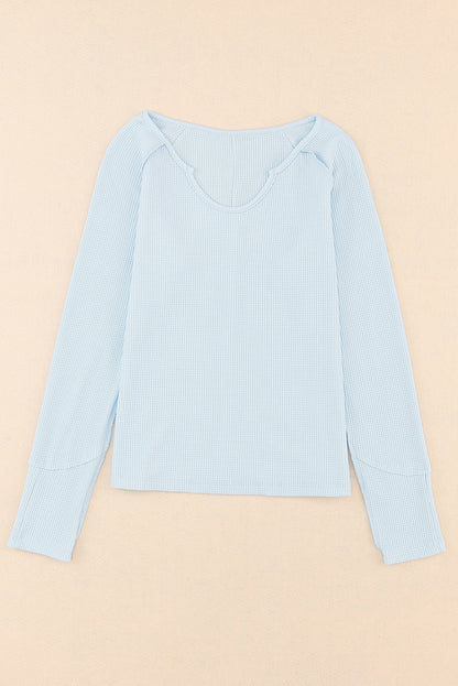 Sky Blue Mineral Wash Long Sleeve Waffle Knit Top