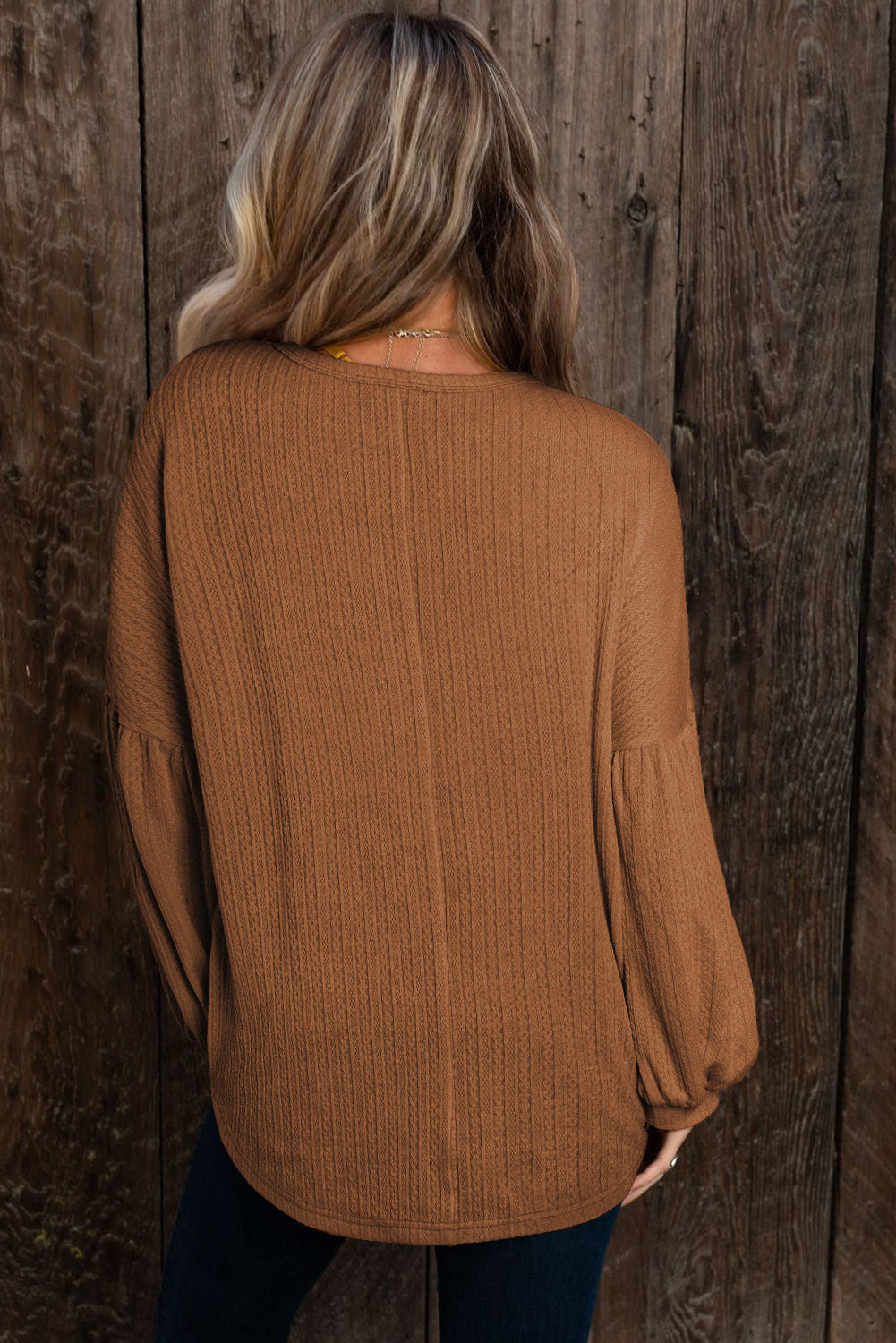 Brown Solid Color Textured Pullover Casual Top