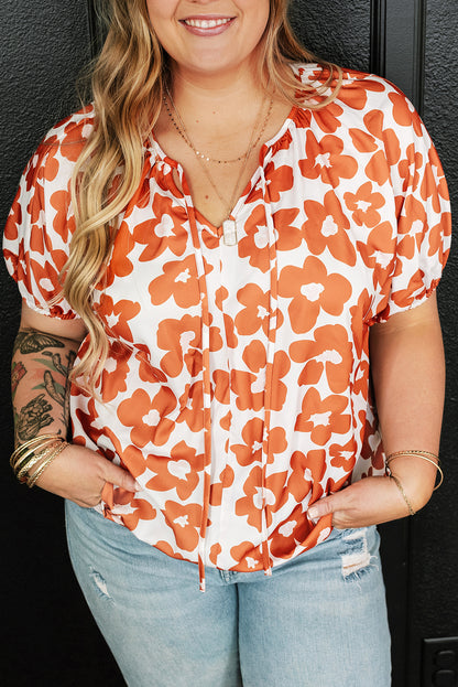 Orange Floral Drawstring Blouse