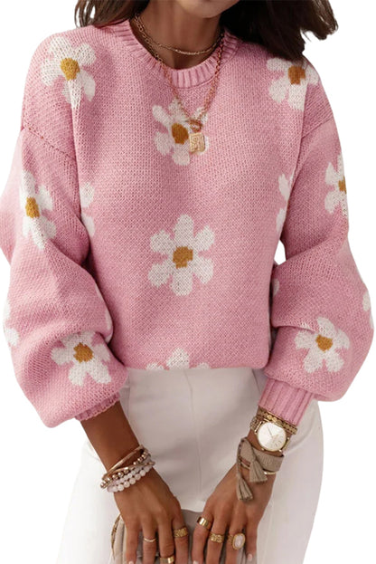 Pink Floral Pattern Drop Shoulder Pullover Knit Sweater