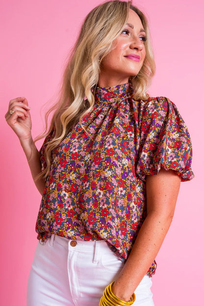 Purple Boho Floral Print Mock Neck Puff Sleeve Blouse