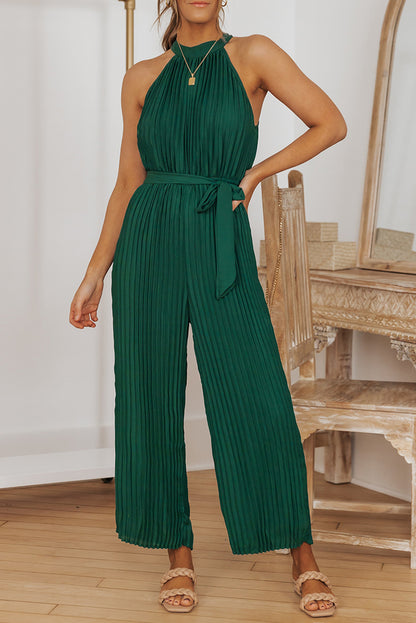 Black Elegant Halter Neck Belted Wide Leg Jumpsuit