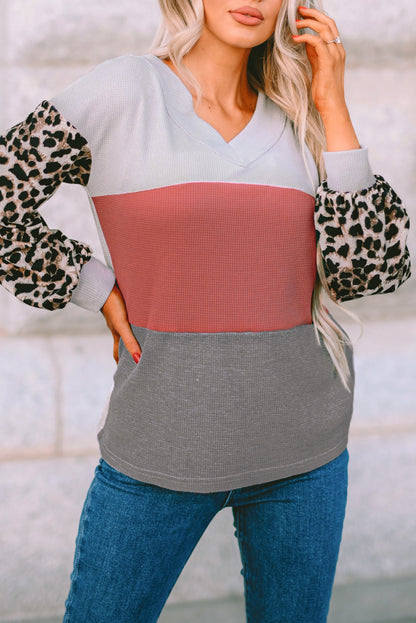 Leopard Print Color Block Waffle Knit Top