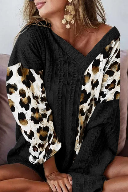 Beige V Neck Leopard Colorblock Patchwork Long Sleeve Top