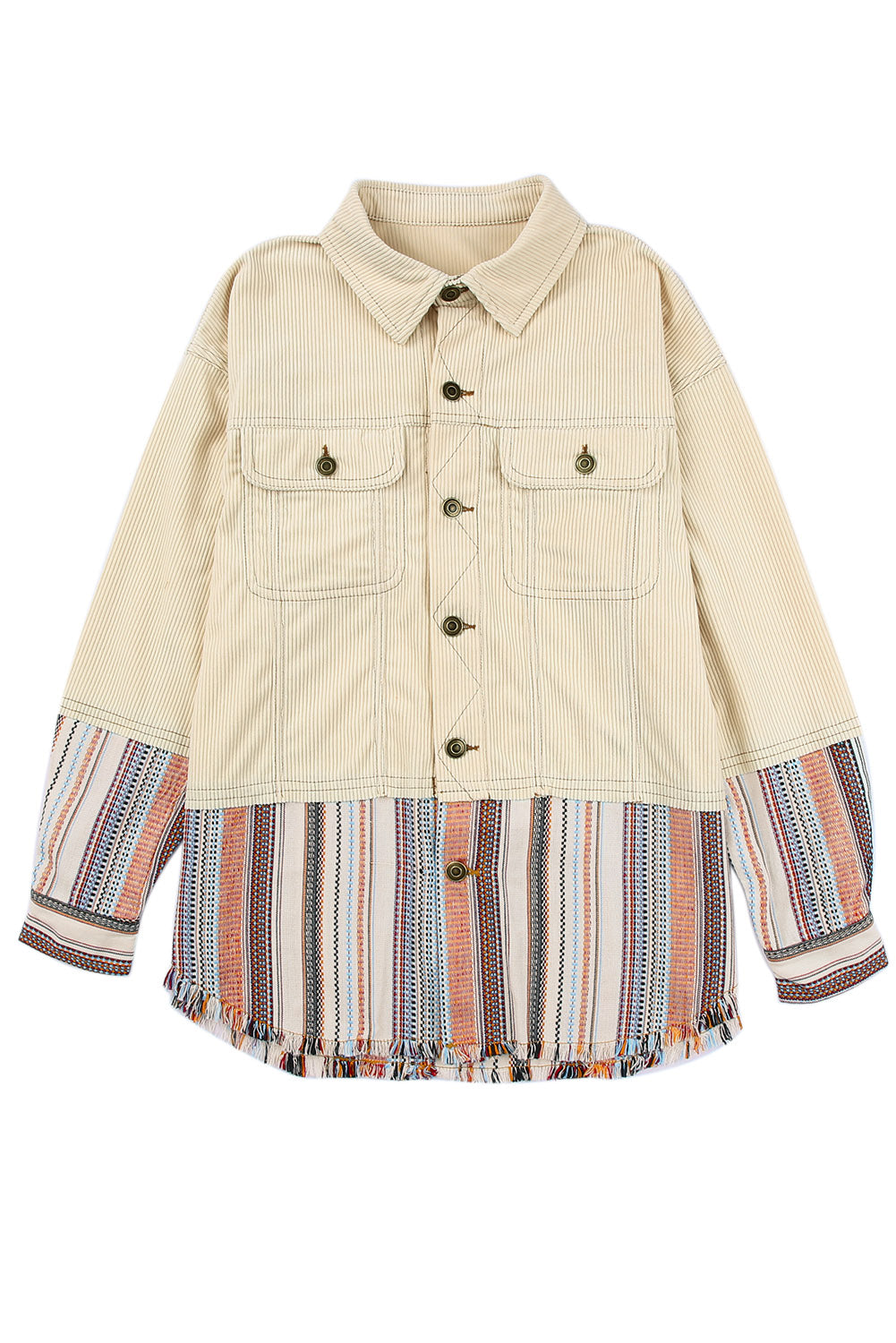 Beige Button Up Pockets Striped Color Block Corduroy Jacket