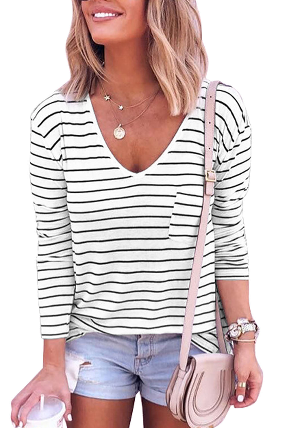 Black & White Stripes Patch Pocket Long Sleeve Shirt