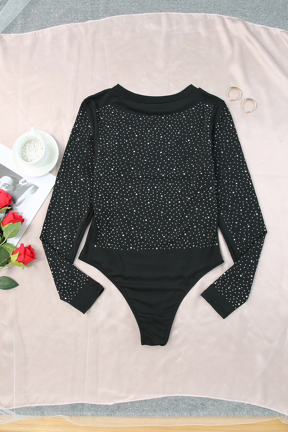 Rosy Rhinestone Slim Fit Long Sleeve Bodysuit