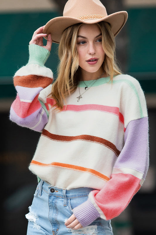 Multicolor Striped Drop Shoulder Crew Neck Sweater