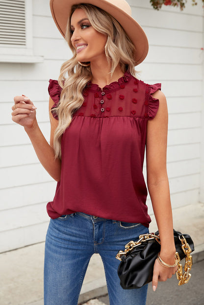 Burgundy Ruffle Trim Swiss Dot Button Closure Sleeveless Shirt