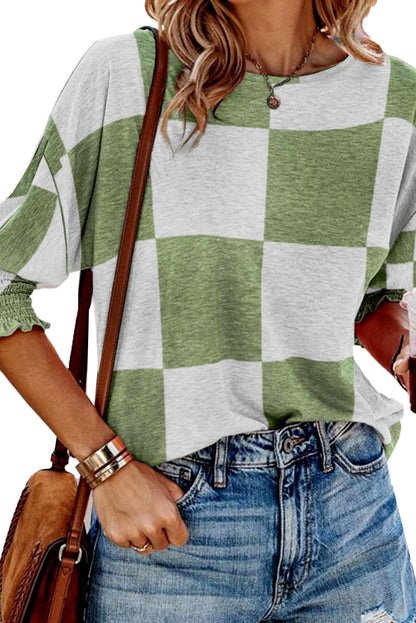 Grass Green Checkered Ruffle Smocked Cuffs Tee