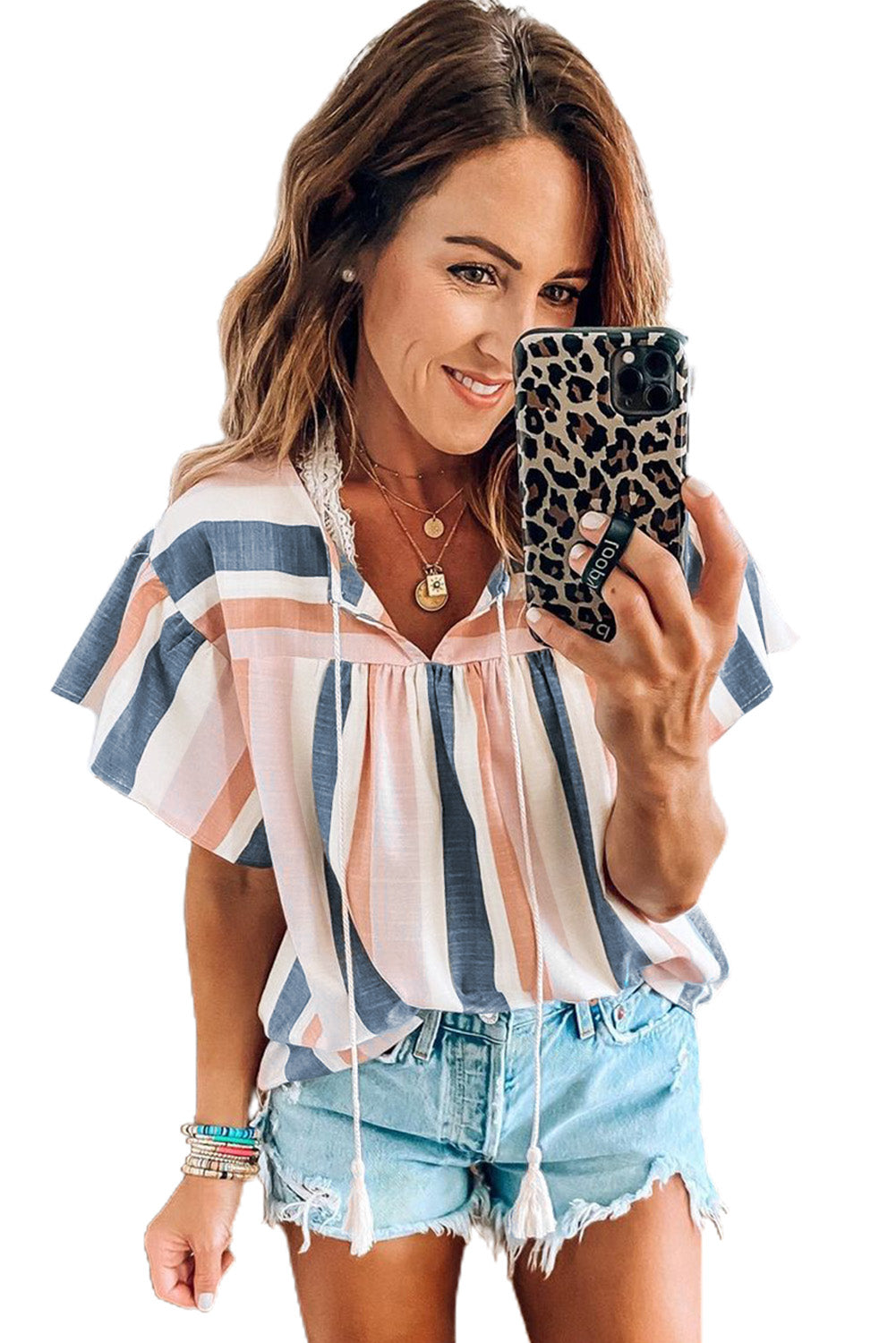 Pink and Blue Stripes Shirt Flutter Sleeve V Neck Blouse