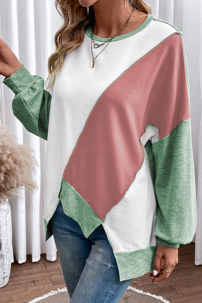 Khaki Colorblock Stitching Irregular Hem Long Sleeve Top