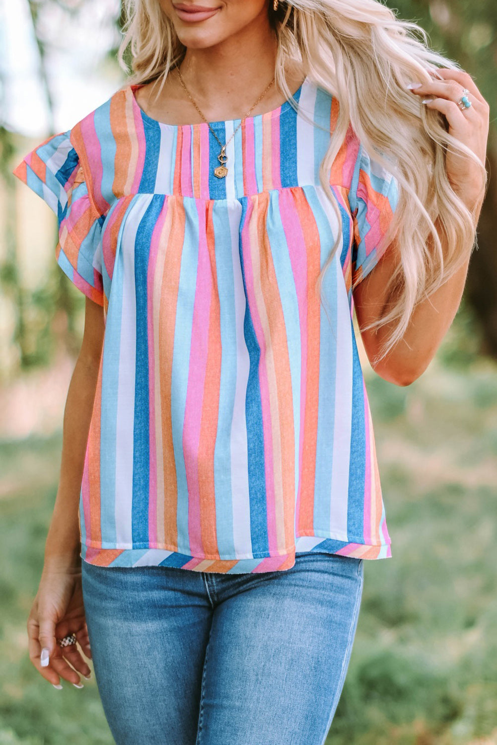 Multicolor Striped Back Button Keyhole Layered Sleeve Blouse