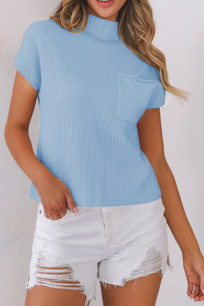 Pink Patch Pocket Ribbed Knit Short Sleeve Sweater