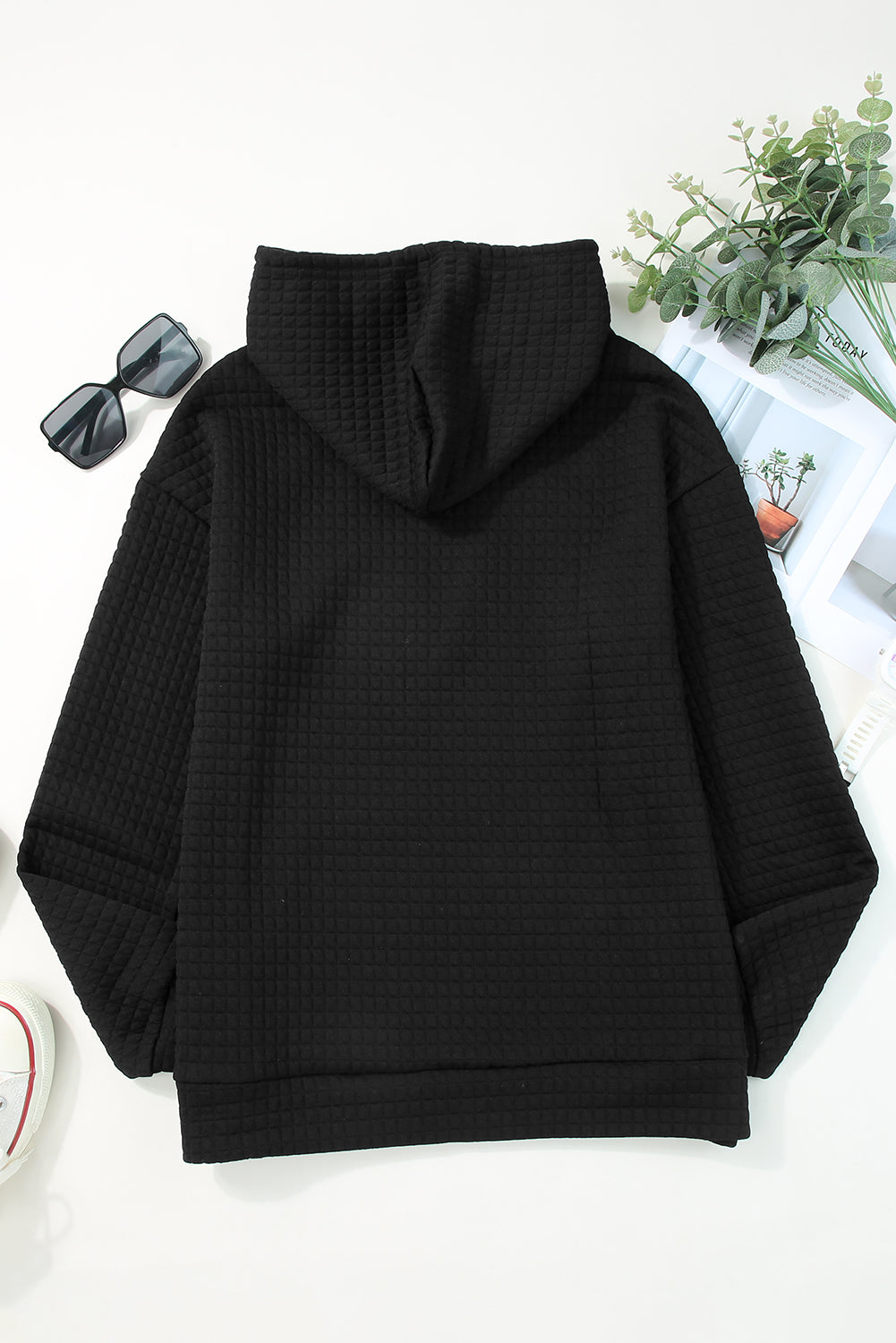 White Lattice Textured Kangaroo Pocket Hoodie