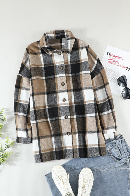 Brown Plaid Button Up Long Sleeve Flannel Shacket