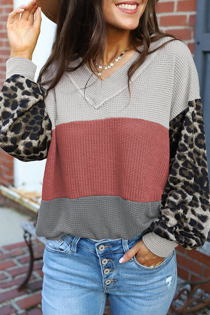 Leopard Print Color Block Waffle Knit Top