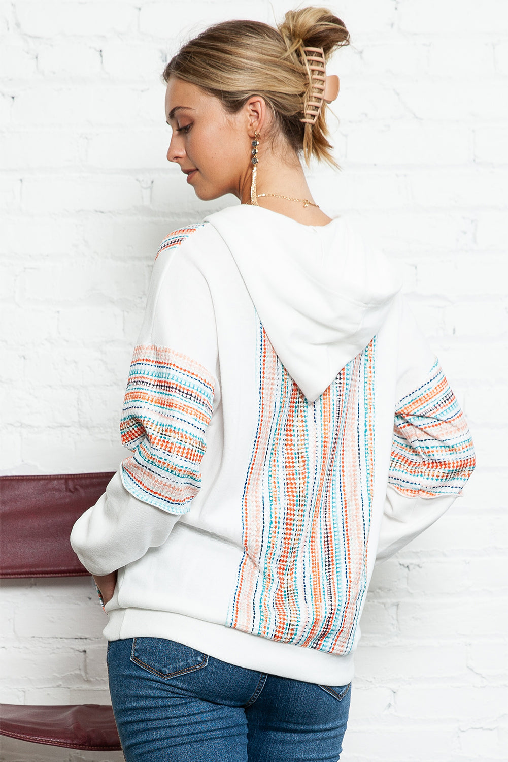 Multicolor V Neck Pullover Hoodie with Kangaroo Pocket