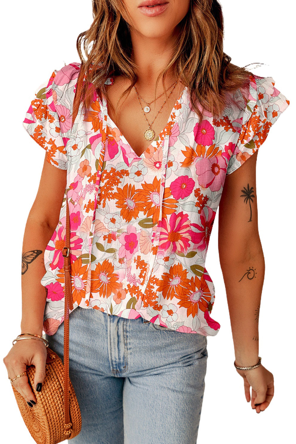 Multicolor Floral Print Ruffled Sleeve Split V Neck Peasant Top