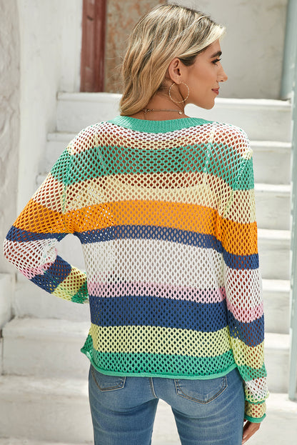 Green Colorblock Striped Hollow Knitted Top