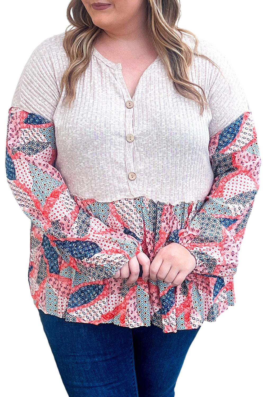 Apricot Plus Size Patchwork Textured Buttoned Blouse