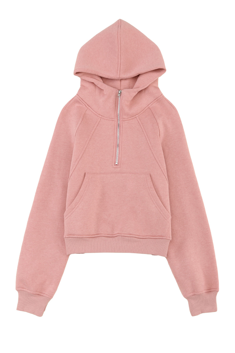 Pink Thumbhole Raglan Sleeve Half Zip Pullover Hoodie