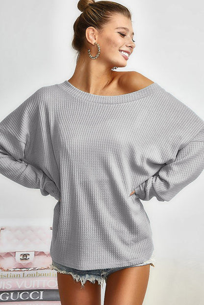 Grey Waffle Knit Backless Drop Shoulder Top