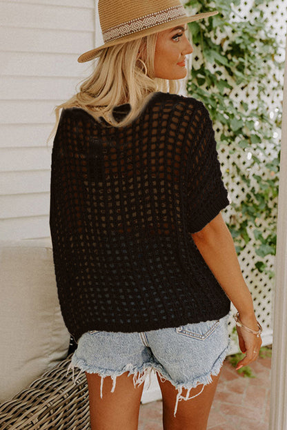 Black Fishnet Knit Short Sleeve Ribbed Tee