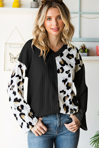 Beige V Neck Leopard Colorblock Patchwork Long Sleeve Top