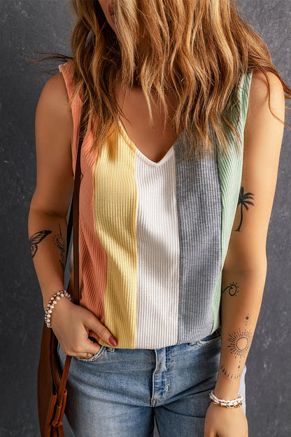 Multicolor Color Block V Neck Waffle Knit Tank Top