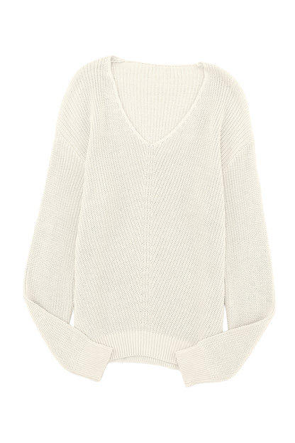 Beige Basic Ribbed Knit V Neck Sweater