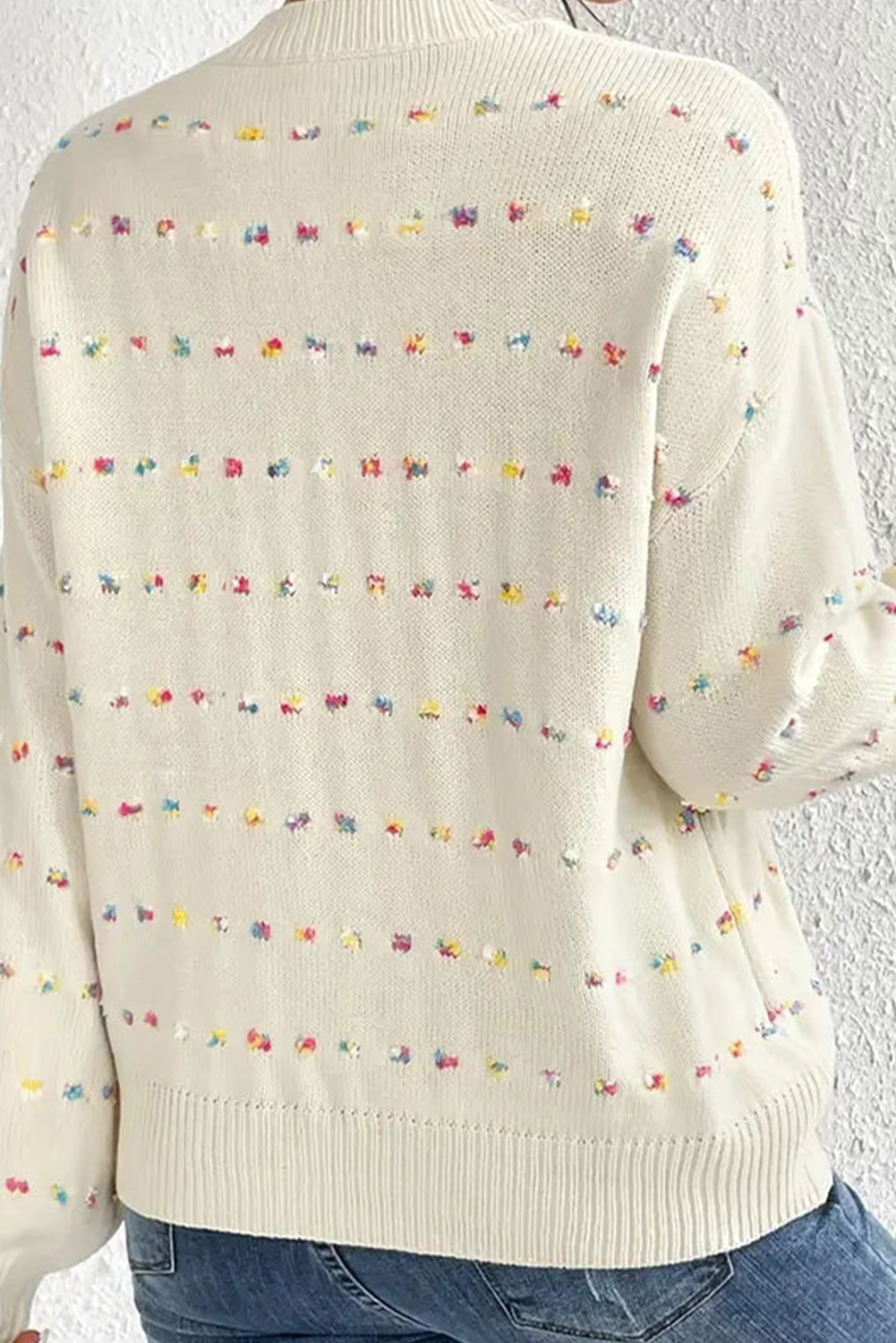 Beige Striped Swiss Dot Knitted Sweater