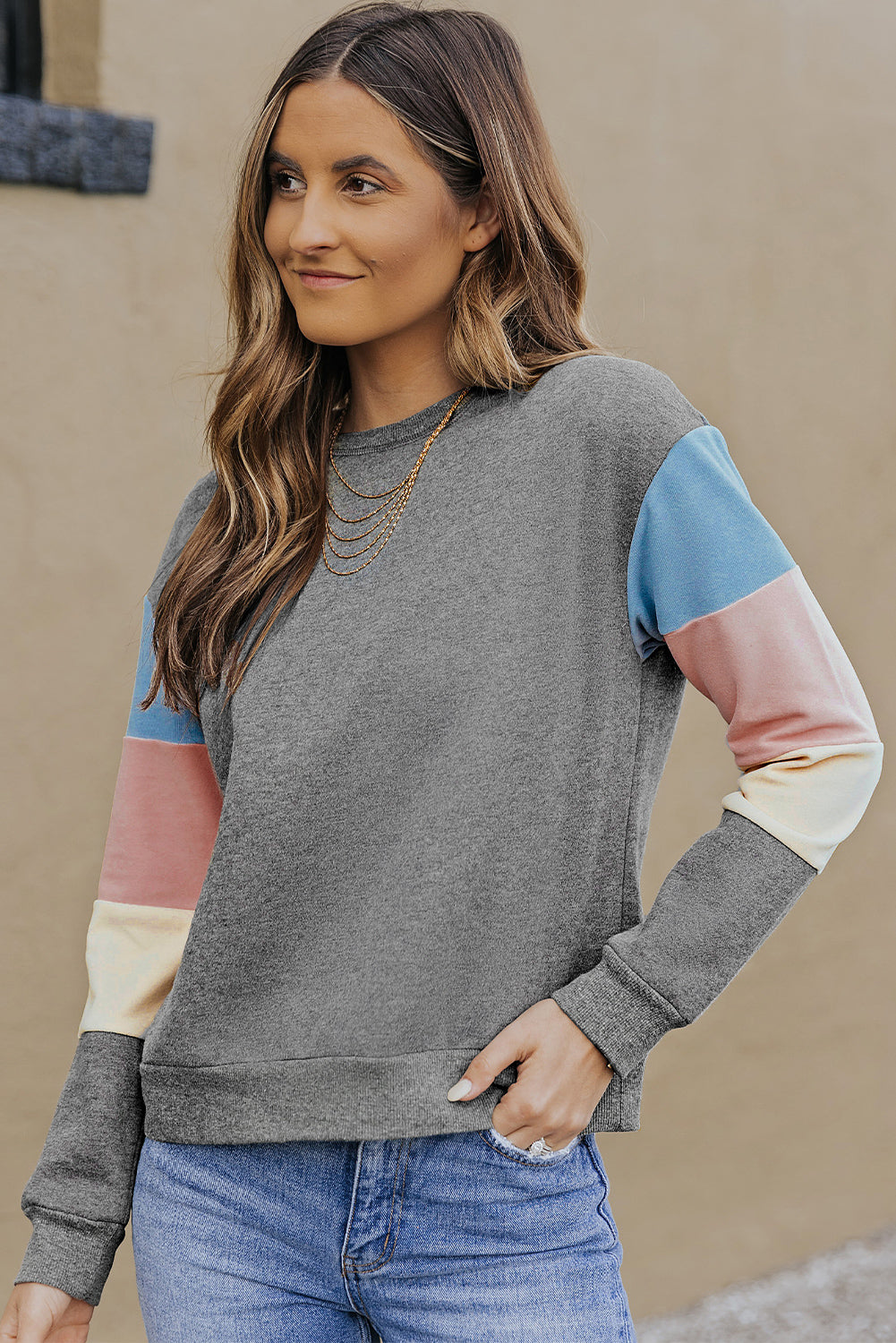 Grey Casual Color Block Drop Sleeve Sweatshirt