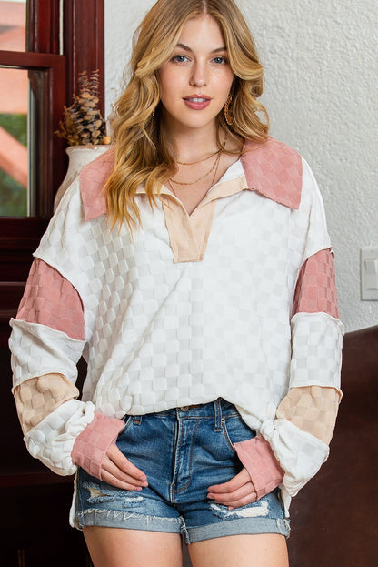 White Patchwork Lantern Sleeve Collared Top