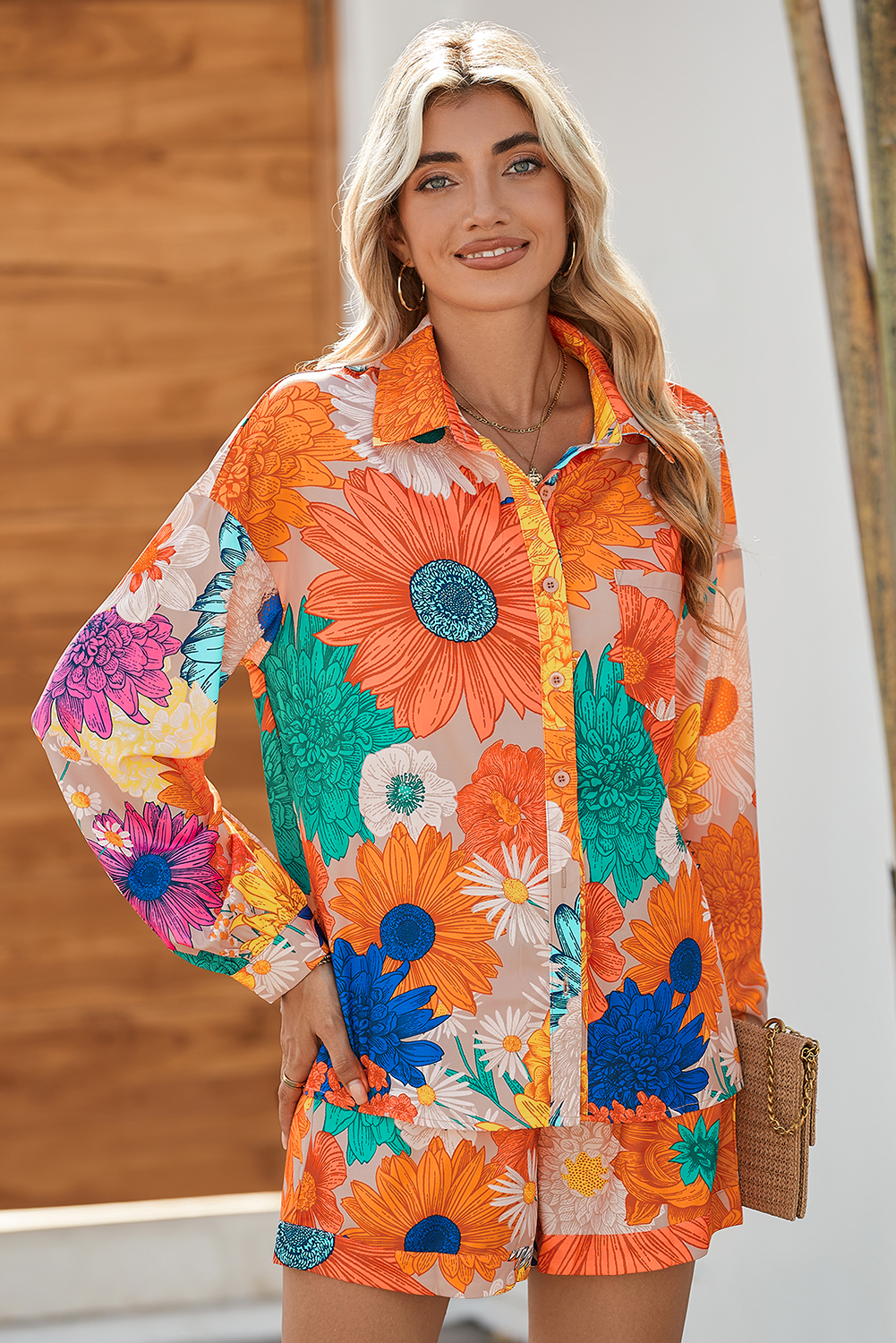 Orange Floral Print Lantern Sleeve Shirt & Drawstring Shorts Set