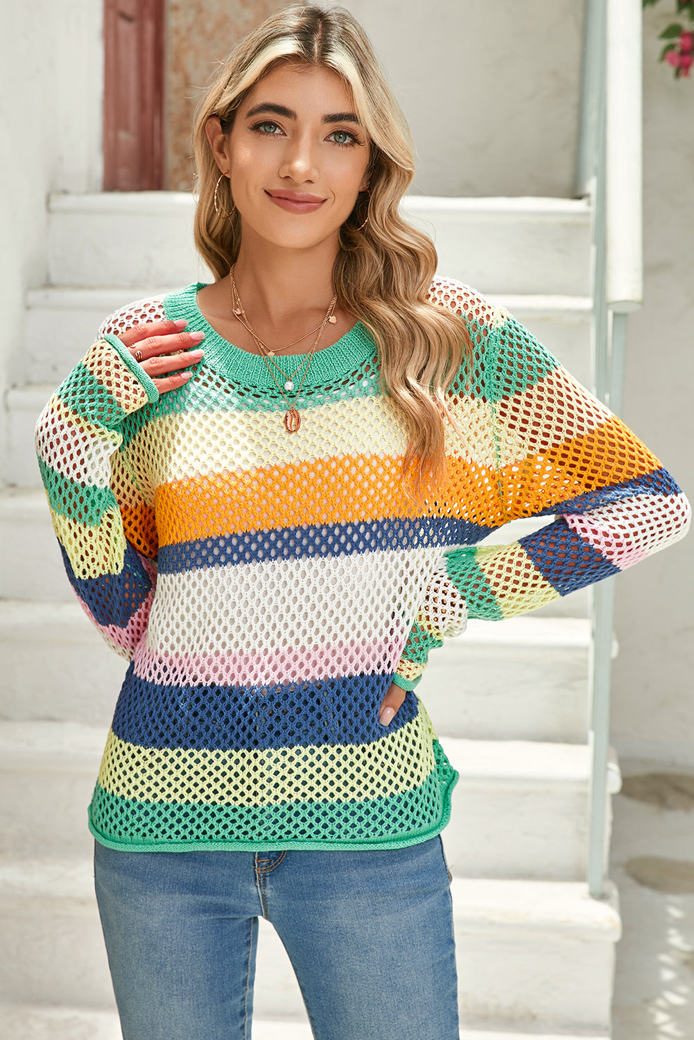 Green Colorblock Striped Hollow Knitted Top