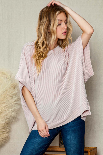 Apricot Ribbed Knit Batwing Sleeve Tunic Tee