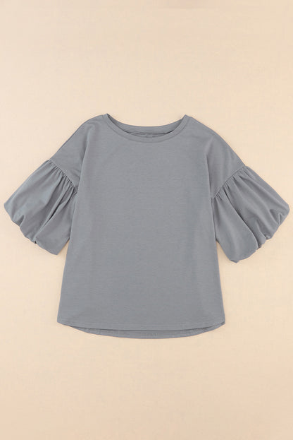 Gray Solid Color Casual Bubble Sleeve Blouse