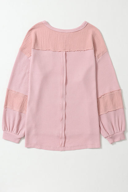 Pink Waffle and Crinkle Patchwork Long Sleeve Top