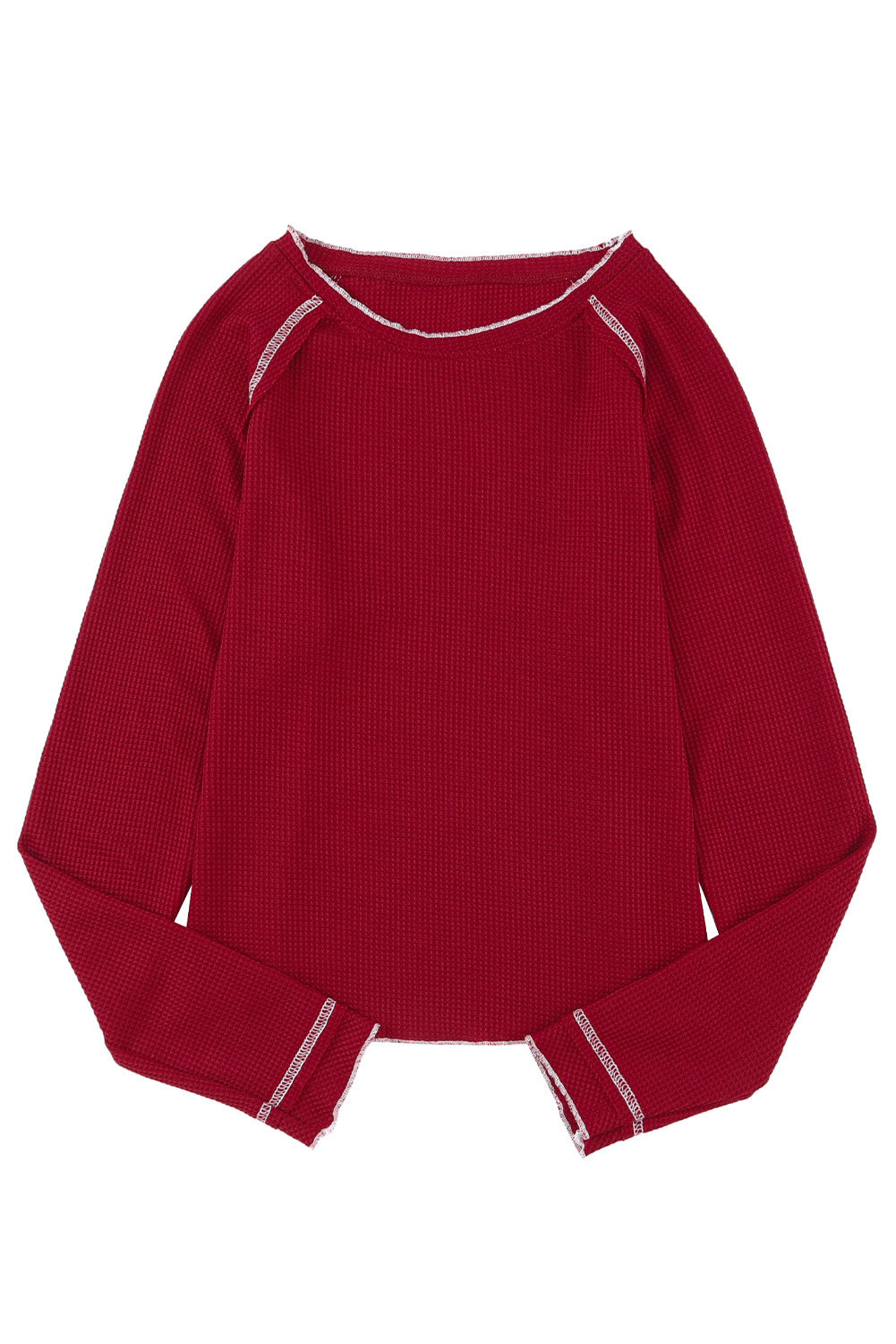 Red Exposed Seam Textured Pullover Long Sleeve Top