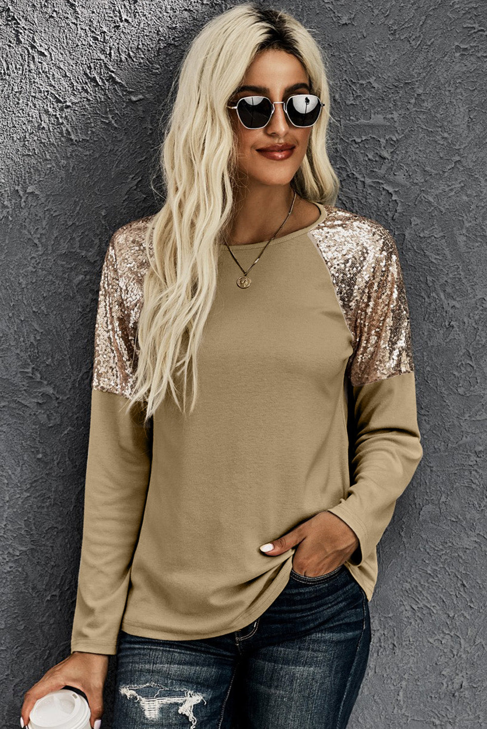 Black and Gold Sequin Raglan Sleeve Pullover