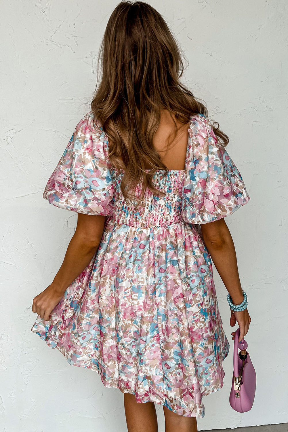 Pink Floral Lantern Sleeve Square Neck Mini Dress