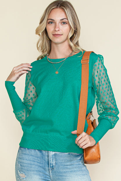 Green Dotted Mesh Puff Sleeve Top