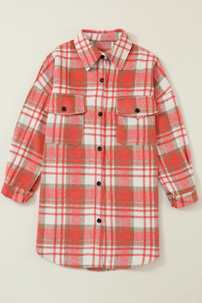 Red Plaid Flap Pocket Long Sleeve Oversized Shacket