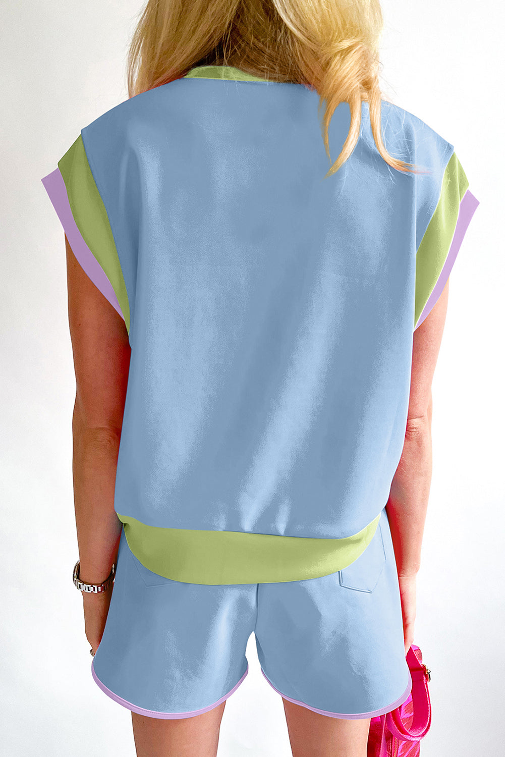 Blue Color Block Top and Shorts Set