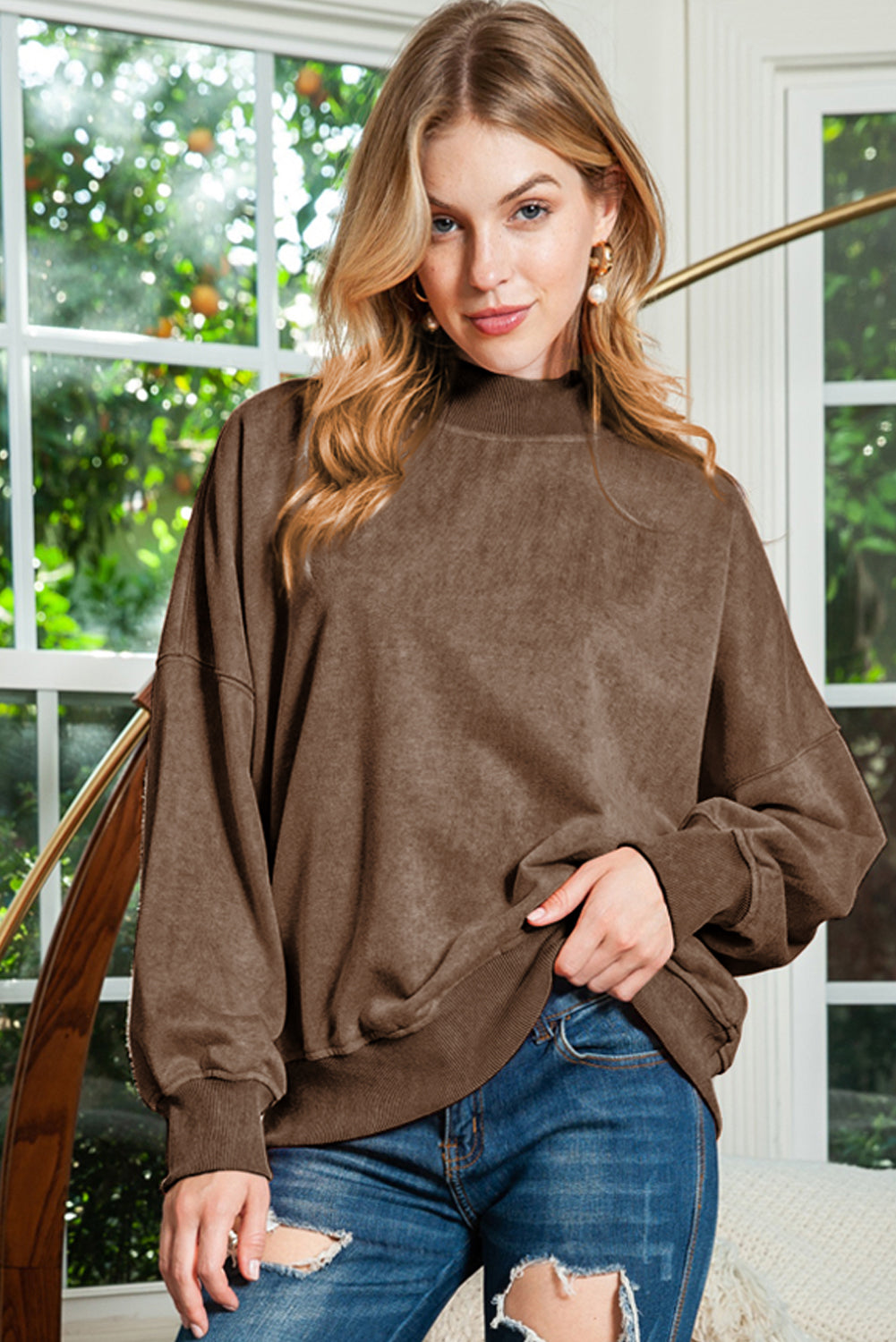 Brown Drop Shoulder Crew Neck Pullover Sweatshirt