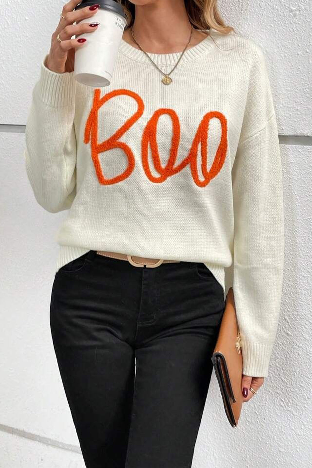 Orange Halloween Boo Drop Shoulder Knit Sweater